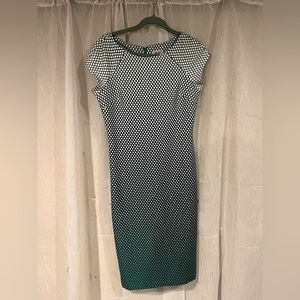 Woman’s scoop neck, Pencil, Green Ombre Polka Dot Dress. Stretchy form fitting